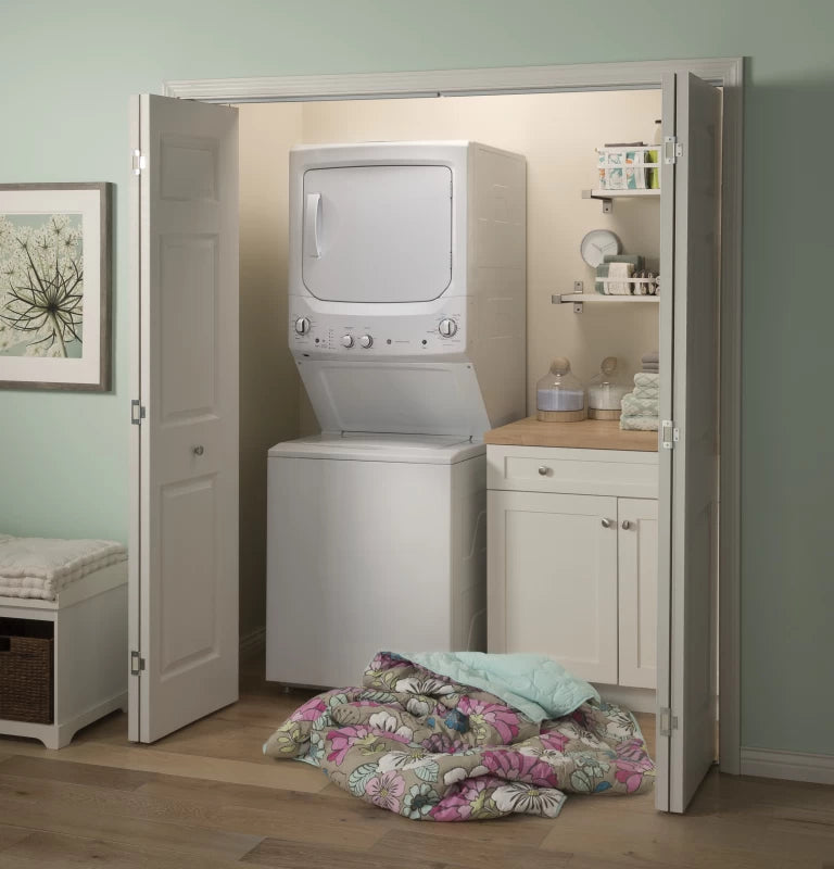 GE Unitized Spacemaker® Laundry Center with Stainless Steel Basket and 5.9 cu. ft. Gas Dryer in White - White (GUD27GSSMWW)