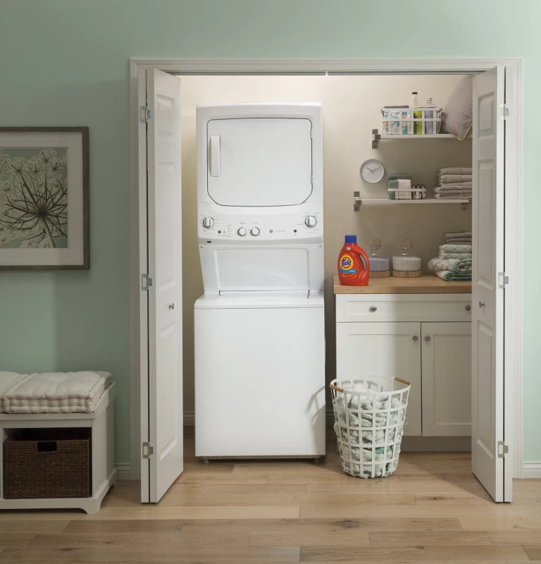 GE Unitized Spacemaker® Laundry Center with Stainless Steel Basket and 5.9 cu. ft. Gas Dryer in White - White (GUD27GSSMWW)