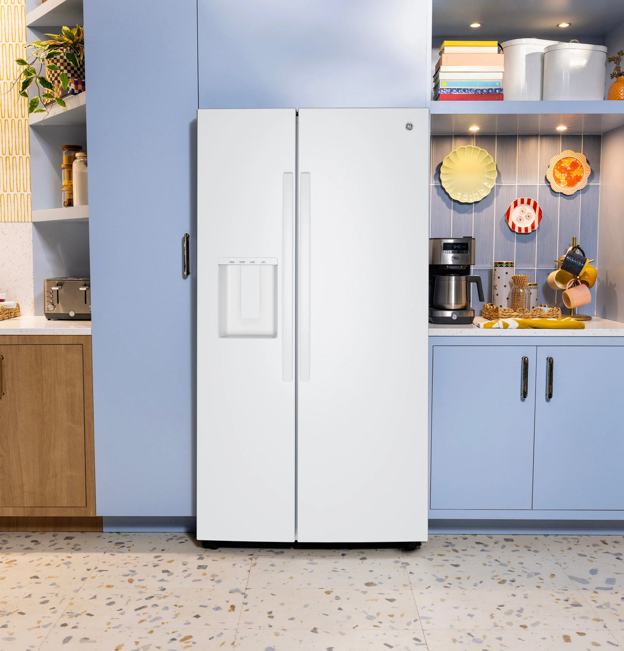 GE  23.6 Cu. Ft. Counter-Depth Side-By-Side Refrigerator with Extra Tall Dispenser and In-Door Icemaker - White (GZE24NGYWW)