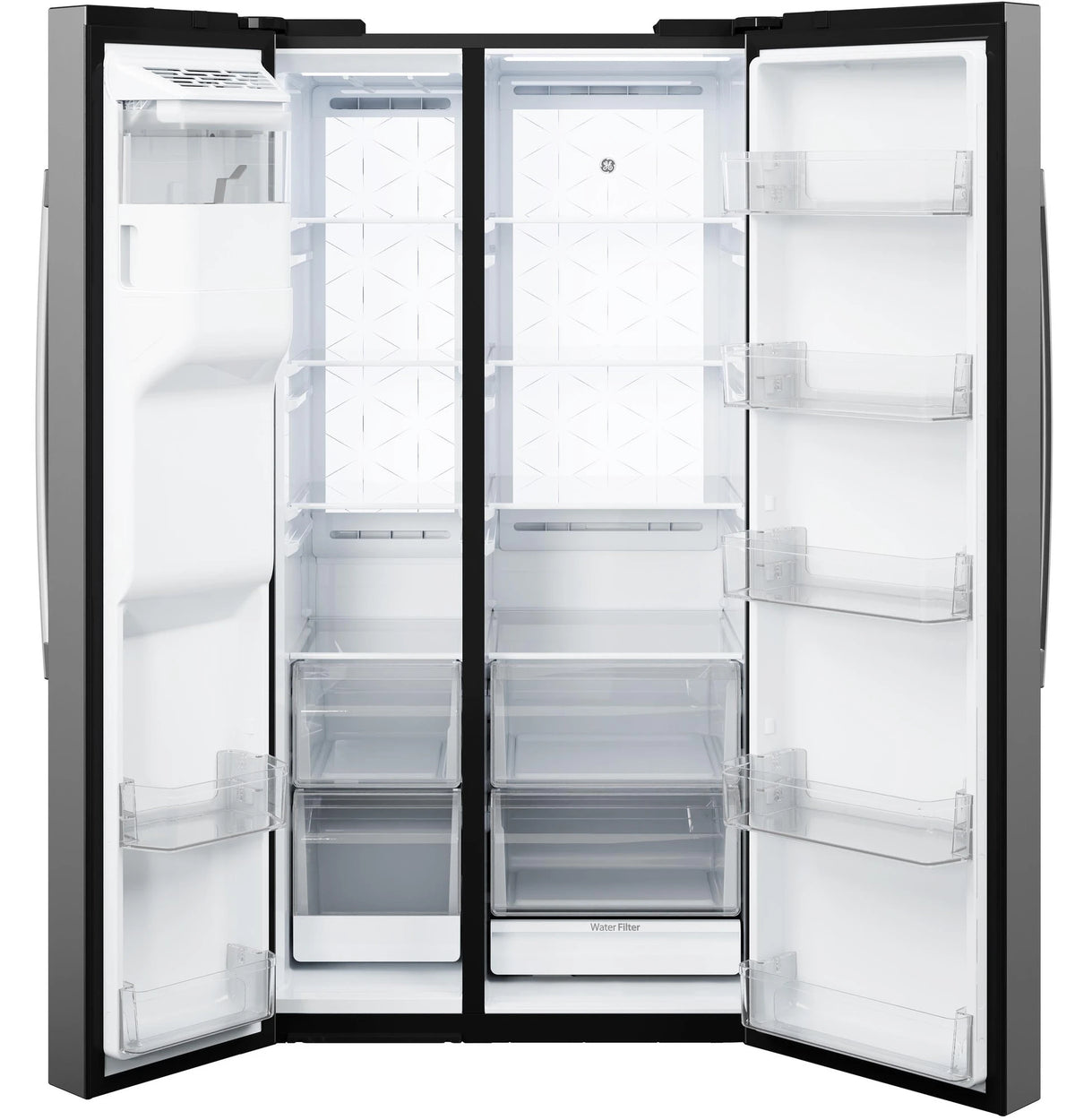GE  23.5 Cu. Ft. Counter-Depth Side-By-Side Refrigerator with LED Light Walls and Extra Tall Dispenser - Fingerprint Resistant Stainless (GZS24PYYFS)
