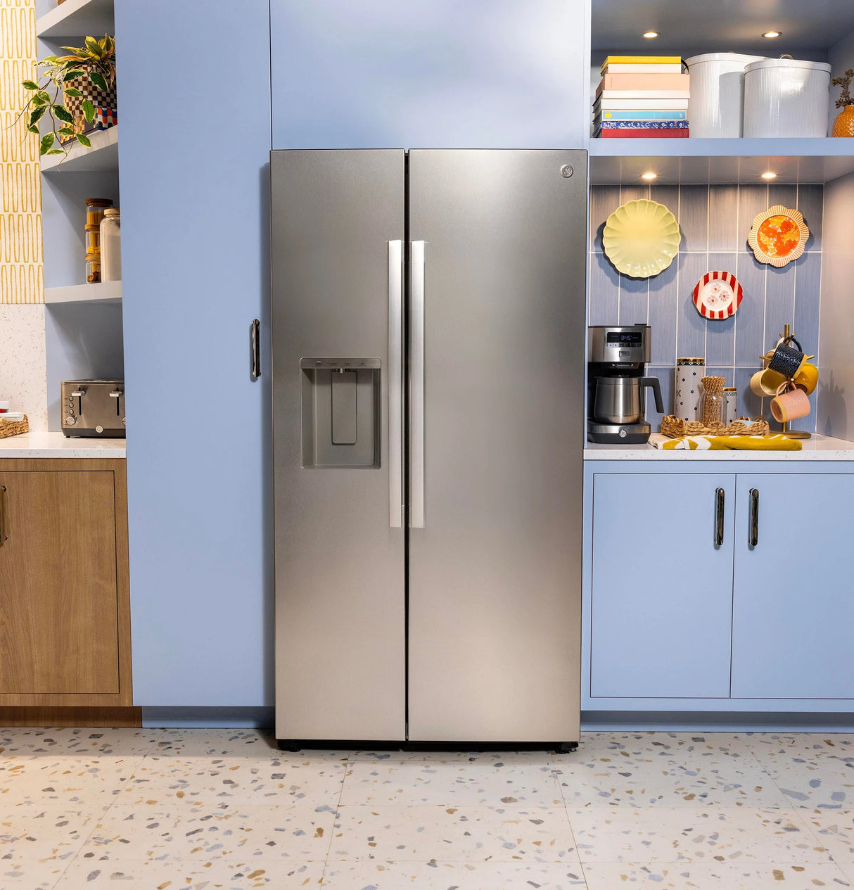 GE  23.5 Cu. Ft. Counter-Depth Side-By-Side Refrigerator with LED Light Walls and Extra Tall Dispenser - Fingerprint Resistant Stainless (GZS24PYYFS)