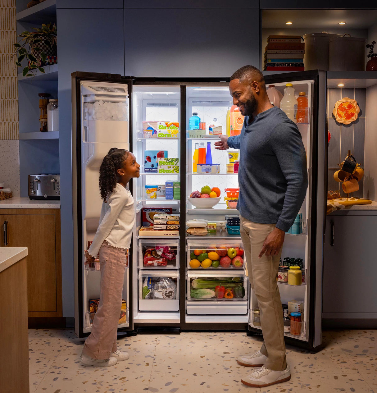 GE  23.5 Cu. Ft. Counter-Depth Side-By-Side Refrigerator with LED Light Walls and Extra Tall Dispenser - Fingerprint Resistant Stainless (GZS24PYYFS)