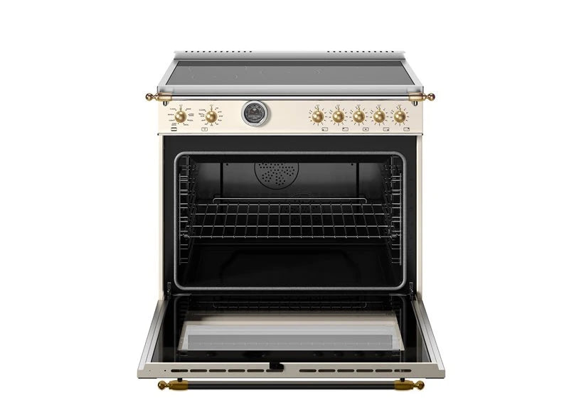 BERTAZZONI  36 inch Induction Range, 5 Heating Zones and Cast Iron Griddle, Electric Self-Clean Oven - Gold Accents - Avorio (HER365ICFEPAG)