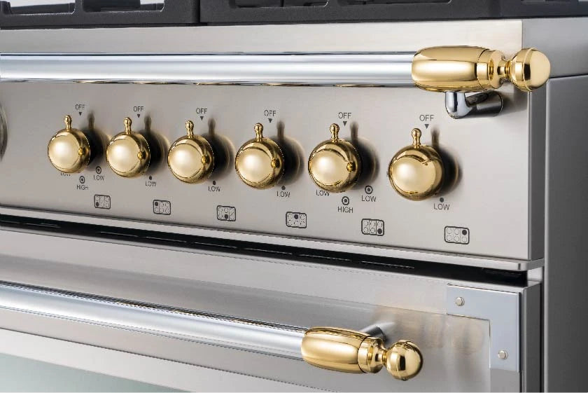 BERTAZZONI  36 inch Induction Range, 5 Heating Zones and Cast Iron Griddle, Electric Self-Clean Oven - Gold Accents - Avorio (HER365ICFEPAG)