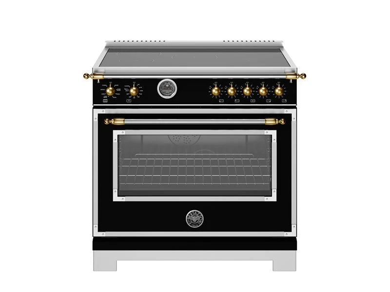 BERTAZZONI  36 inch Induction Range, 5 Heating Zones and Cast Iron Griddle, Electric Self-Clean Oven - Gold Accents - Nero (HER365ICFEPNG)