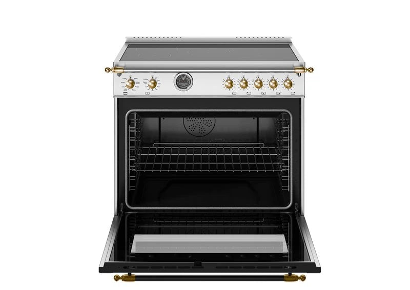 BERTAZZONI  36 inch Induction Range, 5 Heating Zones and Cast Iron Griddle, Electric Self-Clean Oven - Gold Accents - Stainless Steel (HER365ICFEPXG)