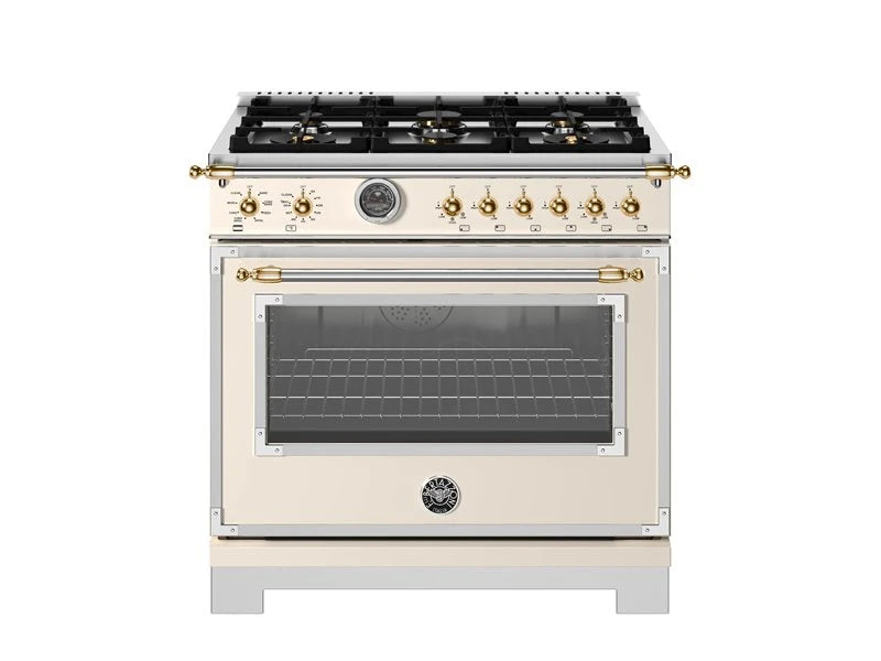 BERTAZZONI  36 inch Dual Fuel Range, 6 Brass Burner and Cast Iron Griddle, Electric Self-Clean Oven - Gold Accents - Avorio (HER366BCFEPAG)