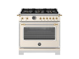 BERTAZZONI  36 inch Dual Fuel Range, 6 Brass Burner and Cast Iron Griddle, Electric Self-Clean Oven - Gold Accents - Avorio (HER366BCFEPAG)