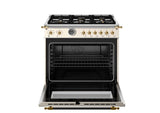 BERTAZZONI  36 inch Dual Fuel Range, 6 Brass Burner and Cast Iron Griddle, Electric Self-Clean Oven - Gold Accents - Avorio (HER366BCFEPAG)