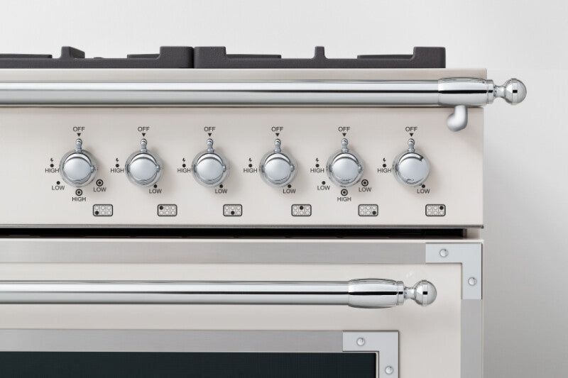 BERTAZZONI  36 inch Dual Fuel Range, 6 Brass Burner and Cast Iron Griddle, Electric Self-Clean Oven - Avorio (HER366BCFEPAVT)