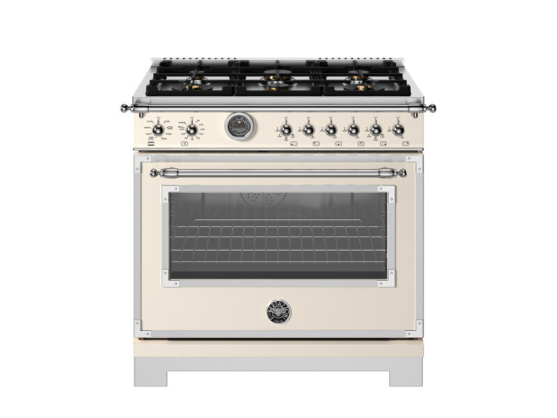 BERTAZZONI  36 inch Dual Fuel Range, 6 Brass Burner and Cast Iron Griddle, Electric Self-Clean Oven - Avorio (HER366BCFEPAVT)