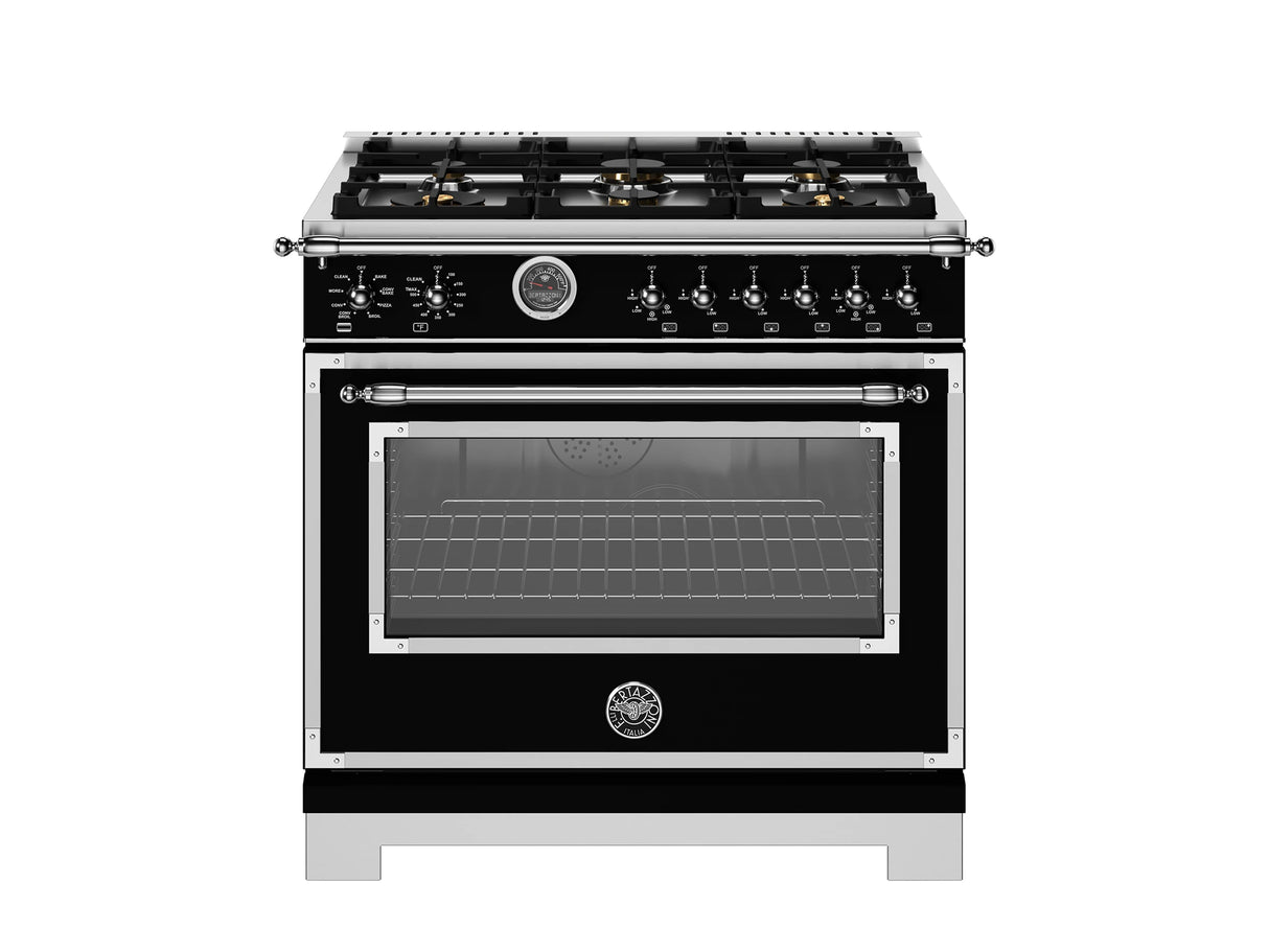 BERTAZZONI  36 inch Dual Fuel Range, 6 Brass Burner and Cast Iron Griddle, Electric Self-Clean Oven - Nero Matt (HER366BCFEPNET)