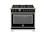 BERTAZZONI  36 inch Dual Fuel Range, 6 Brass Burner and Cast Iron Griddle, Electric Self-Clean Oven - Gold Accents - Nero Matt (HER366BCFEPNG)