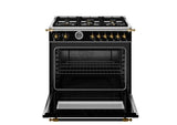 BERTAZZONI  36 inch Dual Fuel Range, 6 Brass Burner and Cast Iron Griddle, Electric Self-Clean Oven - Gold Accents - Nero Matt (HER366BCFEPNG)