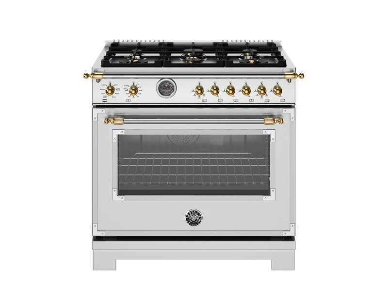 BERTAZZONI  36 inch Dual Fuel Range, 6 Brass Burner and Cast Iron Griddle, Electric Self-Clean Oven - Gold Accents - Stainless Steel (HER366BCFEPXG)