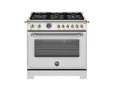 BERTAZZONI  36 inch Dual Fuel Range, 6 Brass Burner and Cast Iron Griddle, Electric Self-Clean Oven - Gold Accents - Stainless Steel (HER366BCFEPXG)