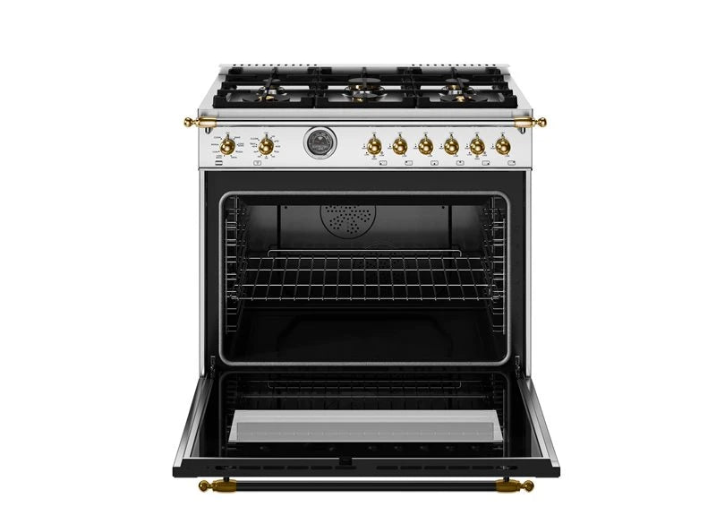 BERTAZZONI  36 inch Dual Fuel Range, 6 Brass Burner and Cast Iron Griddle, Electric Self-Clean Oven - Gold Accents - Stainless Steel (HER366BCFEPXG)