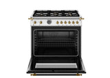 BERTAZZONI  36 inch Dual Fuel Range, 6 Brass Burner and Cast Iron Griddle, Electric Self-Clean Oven - Gold Accents - Stainless Steel (HER366BCFEPXG)