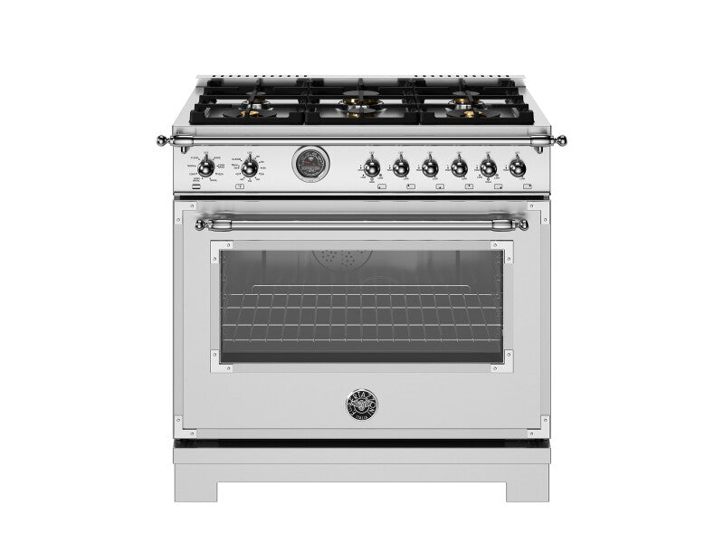 BERTAZZONI  36 inch Dual Fuel Range, 6 Brass Burner and Cast Iron Griddle, Electric Self-Clean Oven - Stainless Steel (HER366BCFEPXT)