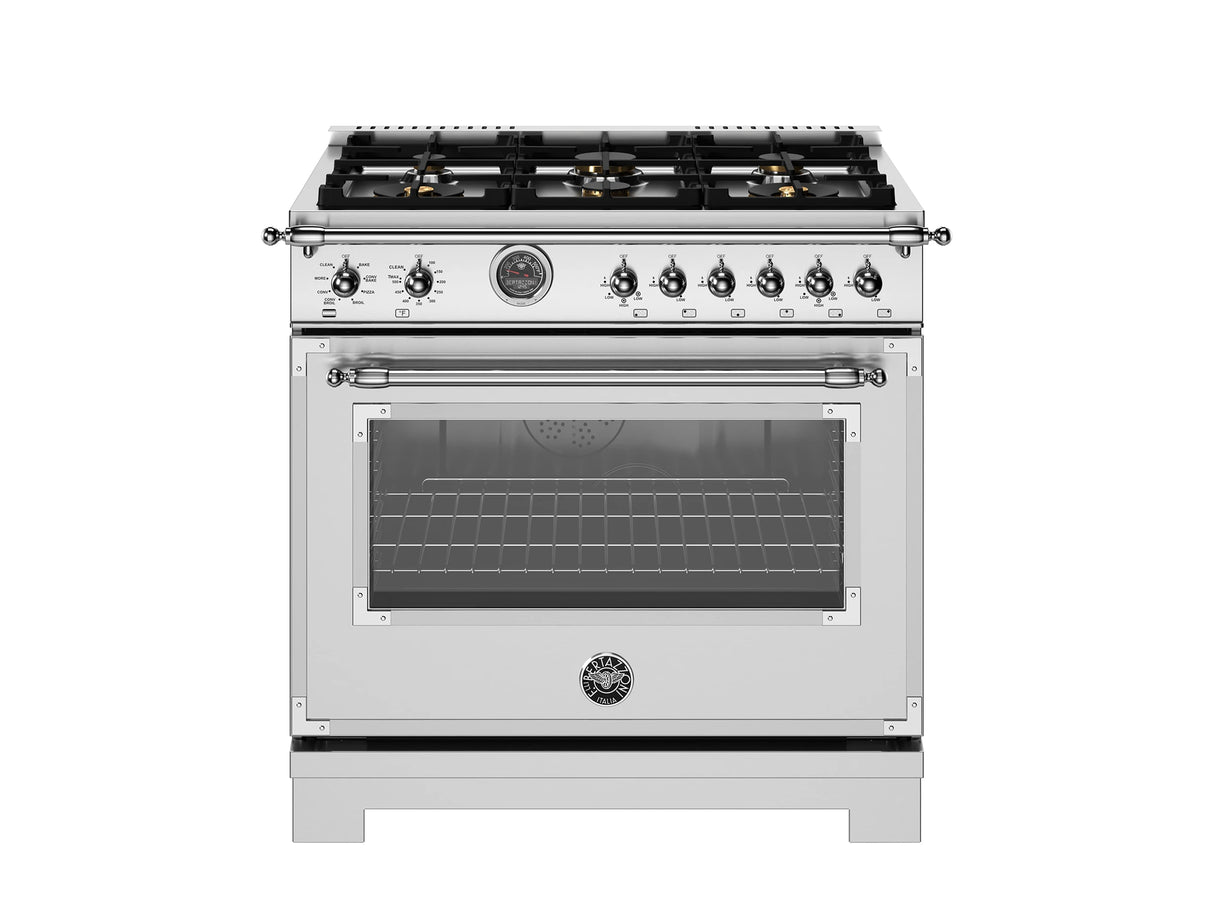 BERTAZZONI  36 inch Dual Fuel Range, 6 Brass Burner and Cast Iron Griddle, Electric Self-Clean Oven - Stainless Steel (HER366BCFEPXT)