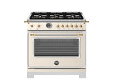 BERTAZZONI  36 inch All Gas Range, 6 Brass Burners and Cast Iron Griddle - Gold Accents - Avorio (HER366BCFGMAG)