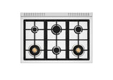 BERTAZZONI  36 inch All Gas Range, 6 Brass Burners and Cast Iron Griddle - Gold Accents - Avorio (HER366BCFGMAG)