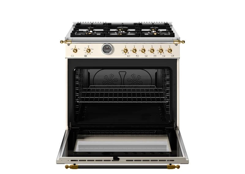 BERTAZZONI  36 inch All Gas Range, 6 Brass Burners and Cast Iron Griddle - Gold Accents - Avorio (HER366BCFGMAG)