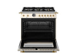 BERTAZZONI  36 inch All Gas Range, 6 Brass Burners and Cast Iron Griddle - Gold Accents - Avorio (HER366BCFGMAG)
