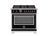 BERTAZZONI  36 inch All Gas Range, 6 Brass Burners and Cast Iron Griddle - Gold Accents - Nero Matt (HER366BCFGMNG)