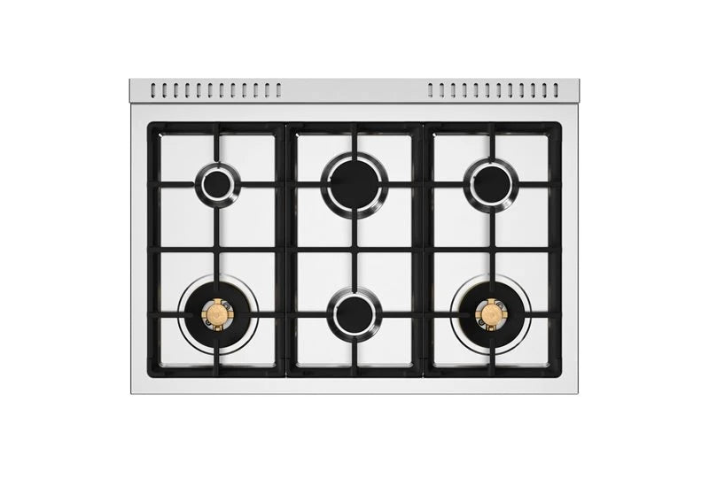 BERTAZZONI  36 inch All Gas Range, 6 Brass Burners and Cast Iron Griddle - Gold Accents - Nero Matt (HER366BCFGMNG)