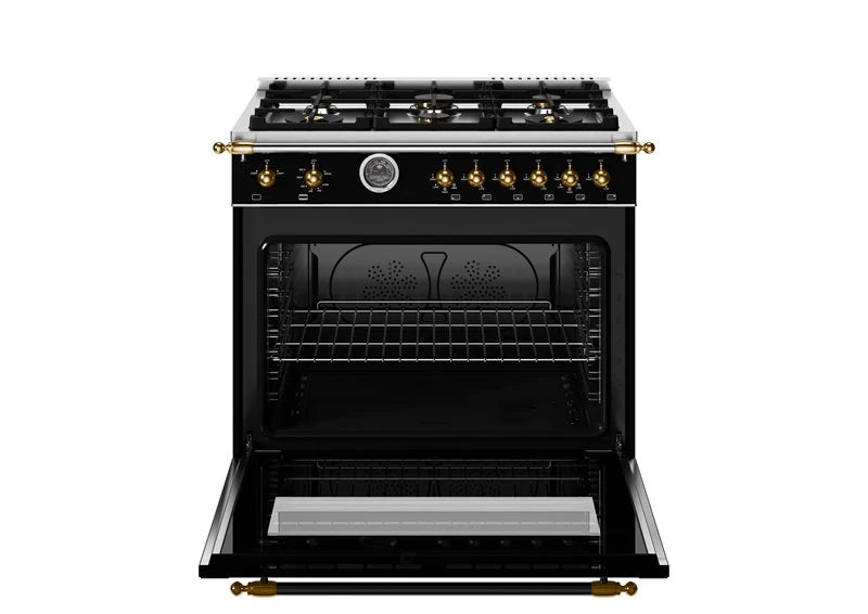 BERTAZZONI  36 inch All Gas Range, 6 Brass Burners and Cast Iron Griddle - Gold Accents - Nero Matt (HER366BCFGMNG)