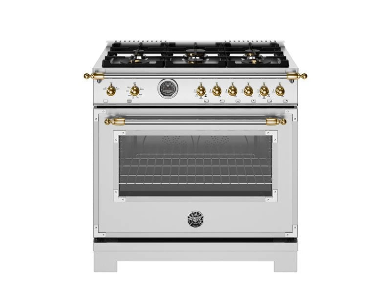 BERTAZZONI  36 inch All Gas Range, 6 Brass Burners and Cast Iron Griddle - Gold Accents - Stainless Steel (HER366BCFGMXG)