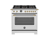 BERTAZZONI  36 inch All Gas Range, 6 Brass Burners and Cast Iron Griddle - Gold Accents - Stainless Steel (HER366BCFGMXG)