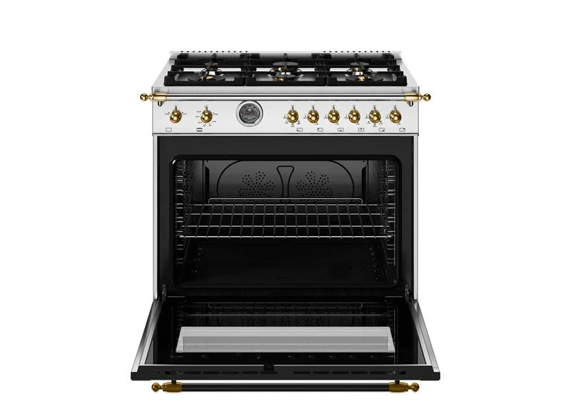 BERTAZZONI  36 inch All Gas Range, 6 Brass Burners and Cast Iron Griddle - Gold Accents - Stainless Steel (HER366BCFGMXG)