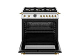 BERTAZZONI  36 inch All Gas Range, 6 Brass Burners and Cast Iron Griddle - Gold Accents - Stainless Steel (HER366BCFGMXG)
