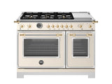 BERTAZZONI  48 inch Dual Fuel Range, 6 Brass Burners and Griddle, Electric Self-Clean Oven - Gold Accents - Avorio (HER486BTFEPAG)