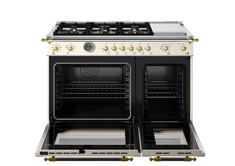 BERTAZZONI  48 inch Dual Fuel Range, 6 Brass Burners and Griddle, Electric Self-Clean Oven - Gold Accents - Avorio (HER486BTFEPAG)