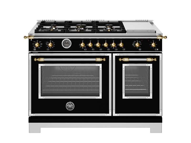 BERTAZZONI  48 inch Dual Fuel Range, 6 Brass Burners and Griddle, Electric Self-Clean Oven - Gold Accents - Nero Matt (HER486BTFEPNG)