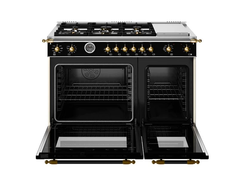 BERTAZZONI  48 inch Dual Fuel Range, 6 Brass Burners and Griddle, Electric Self-Clean Oven - Gold Accents - Nero Matt (HER486BTFEPNG)
