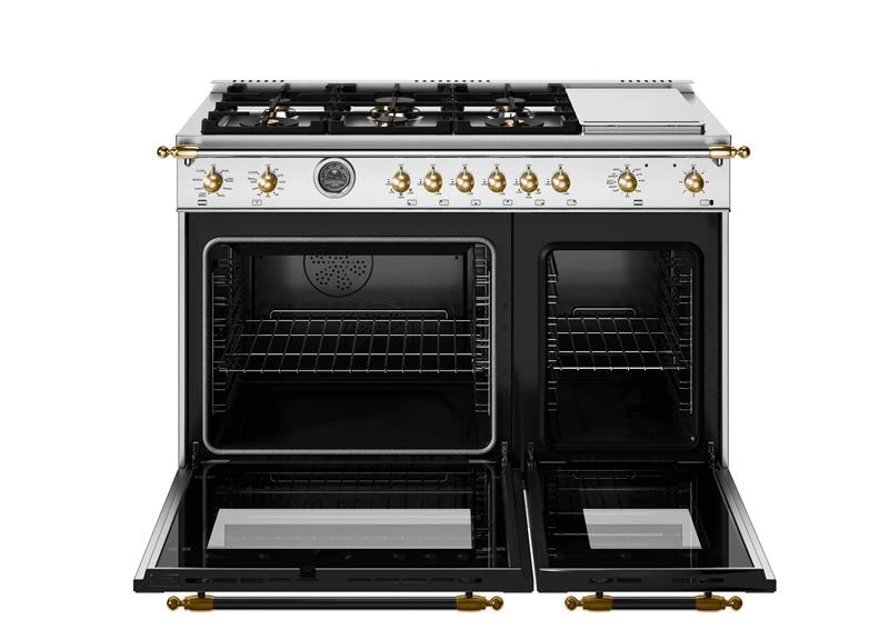 BERTAZZONI  48 inch Dual Fuel Range, 6 Brass Burners and Griddle, Electric Self-Clean Oven - Gold Accents - Stainless Steel (HER486BTFEPXG)