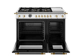 BERTAZZONI  48 inch Dual Fuel Range, 6 Brass Burners and Griddle, Electric Self-Clean Oven - Gold Accents - Stainless Steel (HER486BTFEPXG)