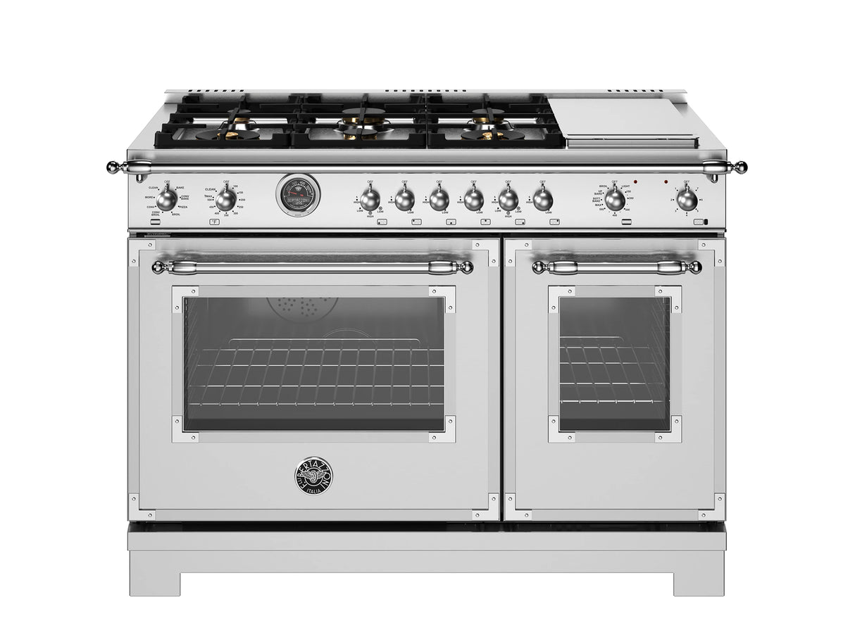 BERTAZZONI  48 inch Dual Fuel Range, 6 Brass Burners and Griddle, Electric Self-Clean Oven - Stainless Steel (HER486BTFEPXT)