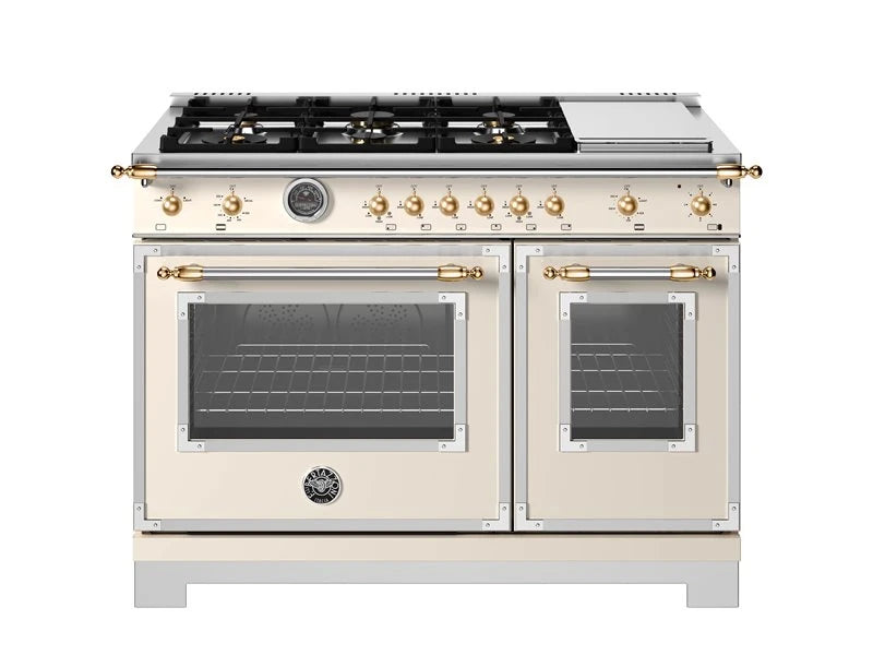 BERTAZZONI  48 inch All-Gas Range 6 Brass Burner and Griddle - Gold Accents - Avorio (HER486BTFGMAG)