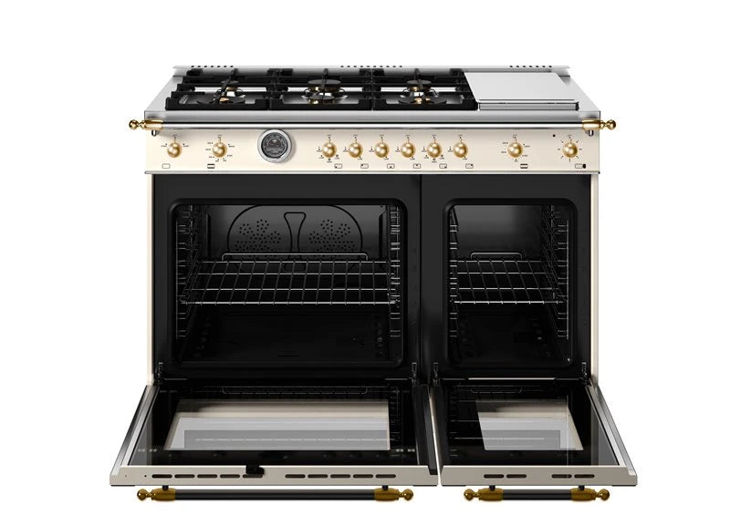 BERTAZZONI  48 inch All-Gas Range 6 Brass Burner and Griddle - Gold Accents - Avorio (HER486BTFGMAG)