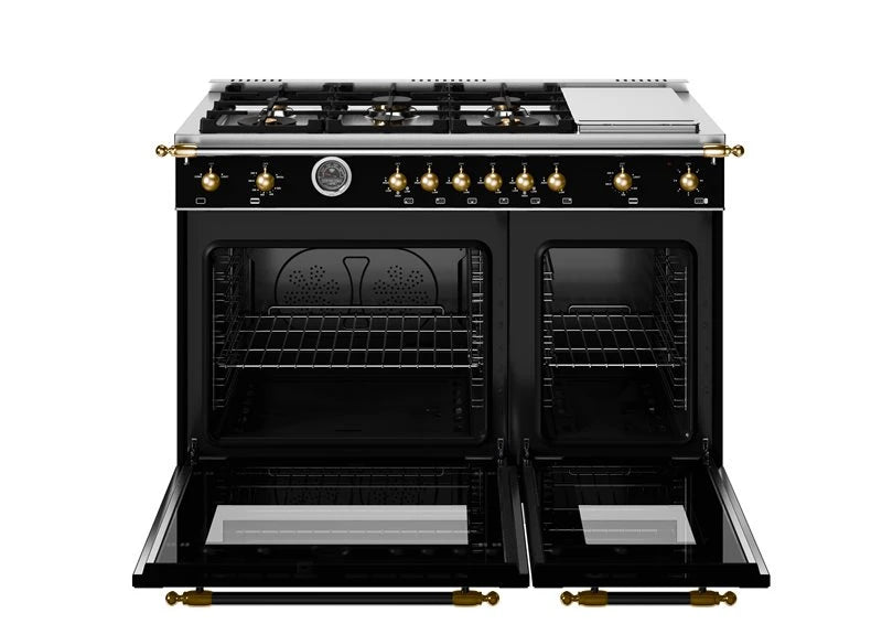 BERTAZZONI  48 inch All-Gas Range 6 Brass Burner and Griddle - Gold Accents - Nero Matt (HER486BTFGMNG)