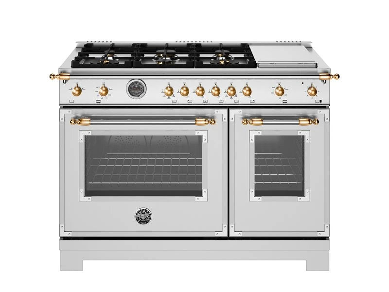BERTAZZONI  48 inch All-Gas Range 6 Brass Burner and Griddle - Gold Accents - Stainless Steel (HER486BTFGMXG)