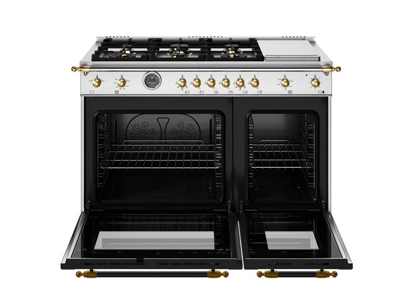 BERTAZZONI  48 inch All-Gas Range 6 Brass Burner and Griddle - Gold Accents - Stainless Steel (HER486BTFGMXG)