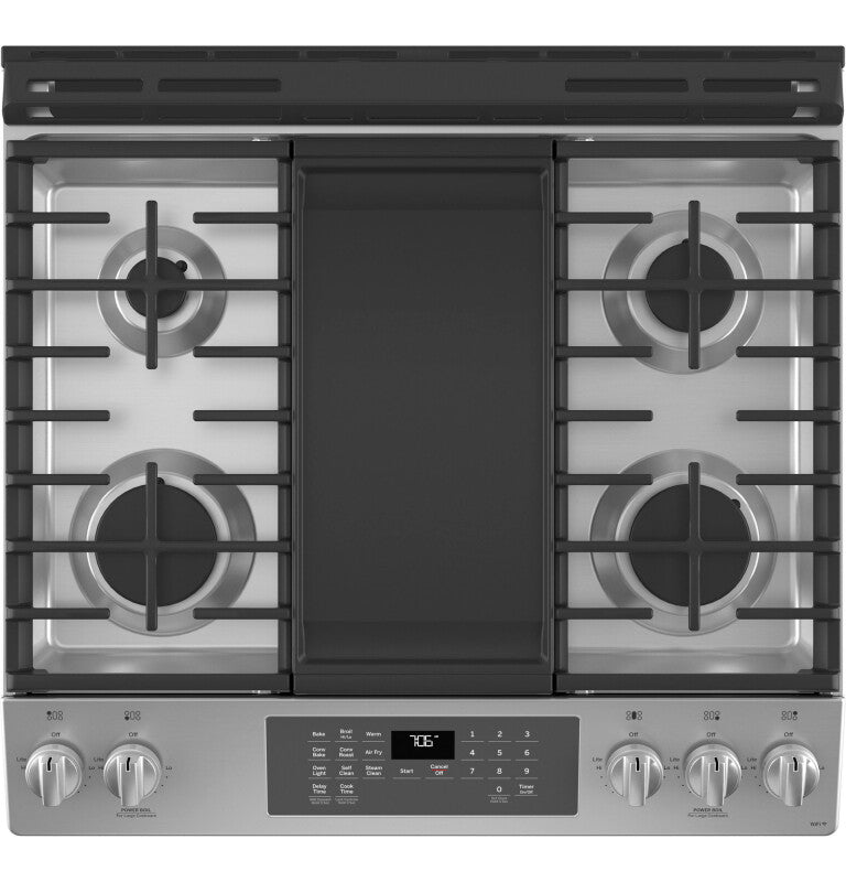 GE 30" Slide-In Front-Control Convection Gas Range with No Preheat Air Fry - Stainless Steel (JGS760SPSS)