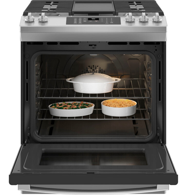 GE 30" Slide-In Front-Control Convection Gas Range with No Preheat Air Fry - Stainless Steel (JGS760SPSS)