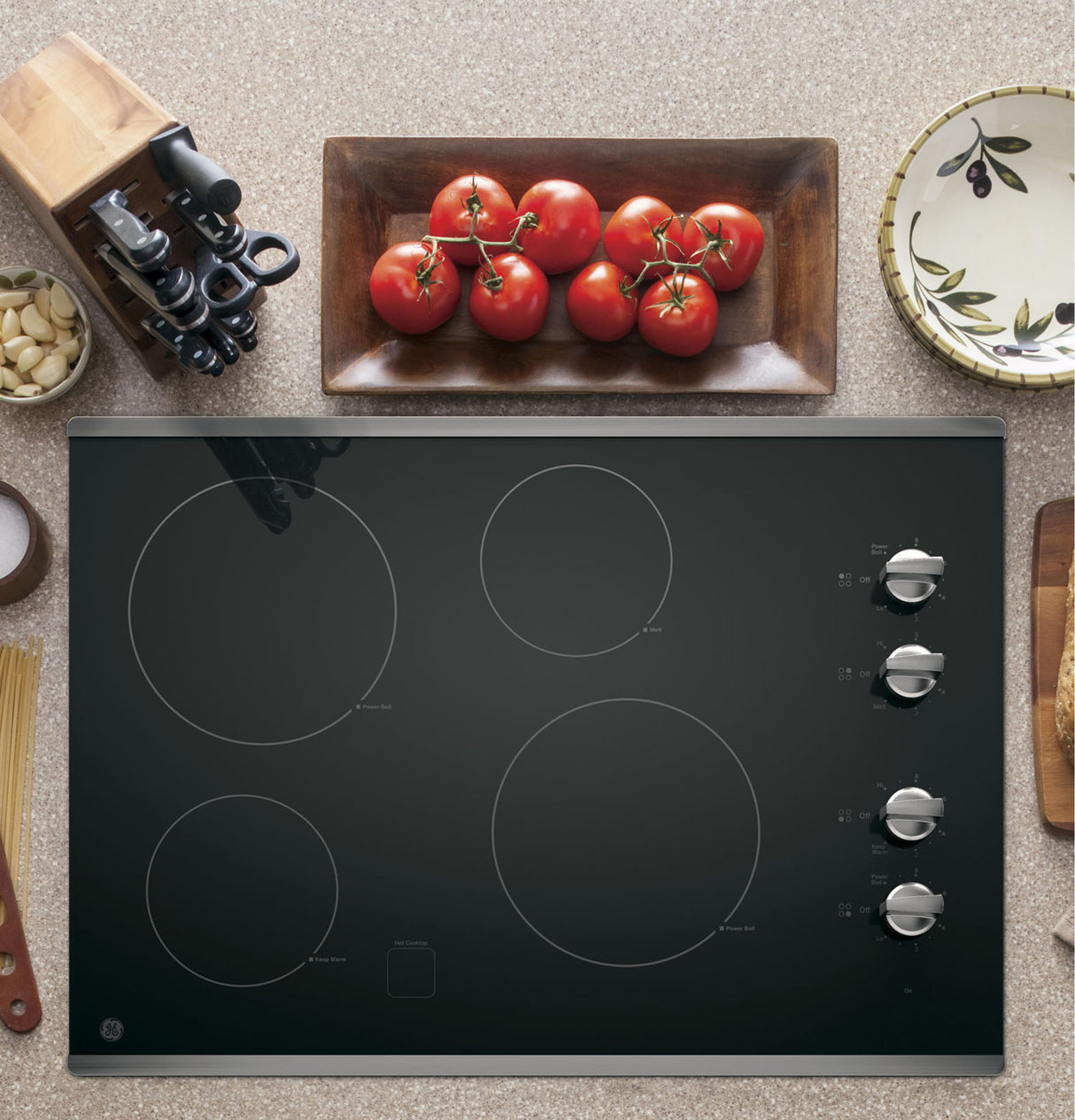 GE  30" Built-In Knob Control Electric Cooktop - Stainless Steel on Black (JP3030SWSS)